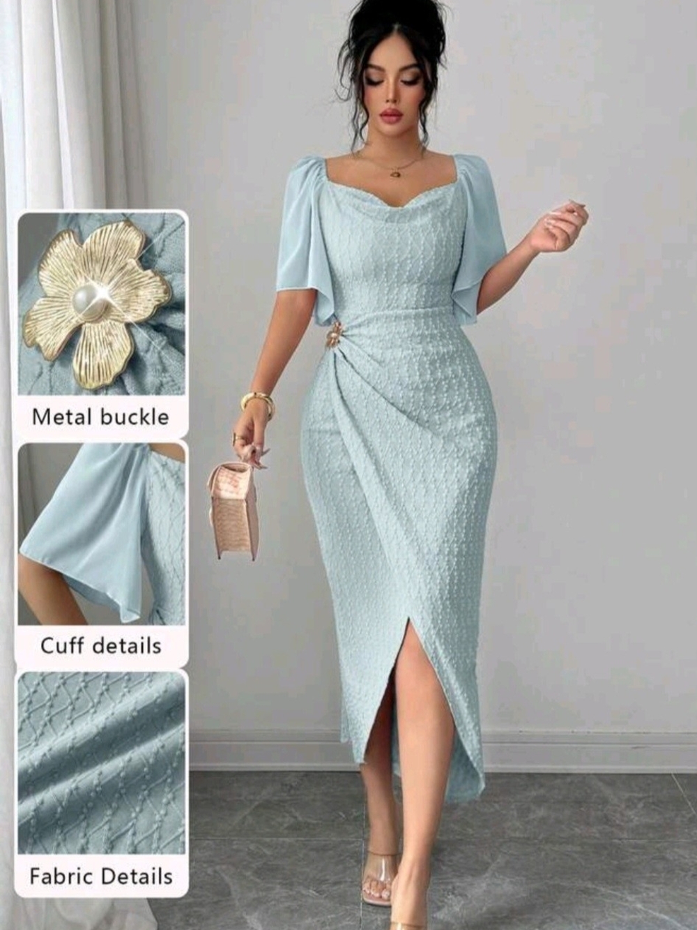 Elegant Light Blue Textured Midi Dress with Floral Buckle